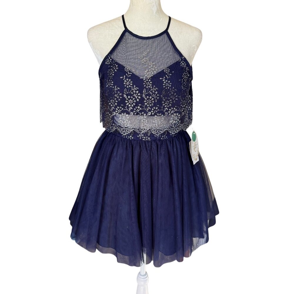 Social Code navy and silver sparkle halter illusion dress lined size 0